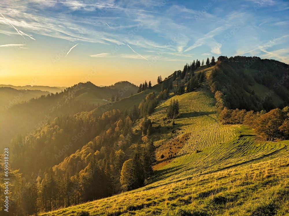 View of the Schnebelhorn hill in the Zurich Oberland. Beautiful evening atmosphere just before sunset. High quality photo
