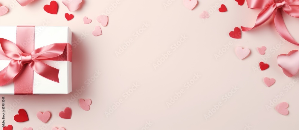 Valentine s or Mother s Day mockup featuring a white gift box red ribbon pink background and hearts