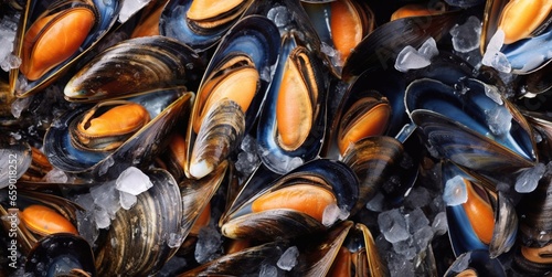 Fresh sea mussels on melted ice in seafood market.Macro.AI generative