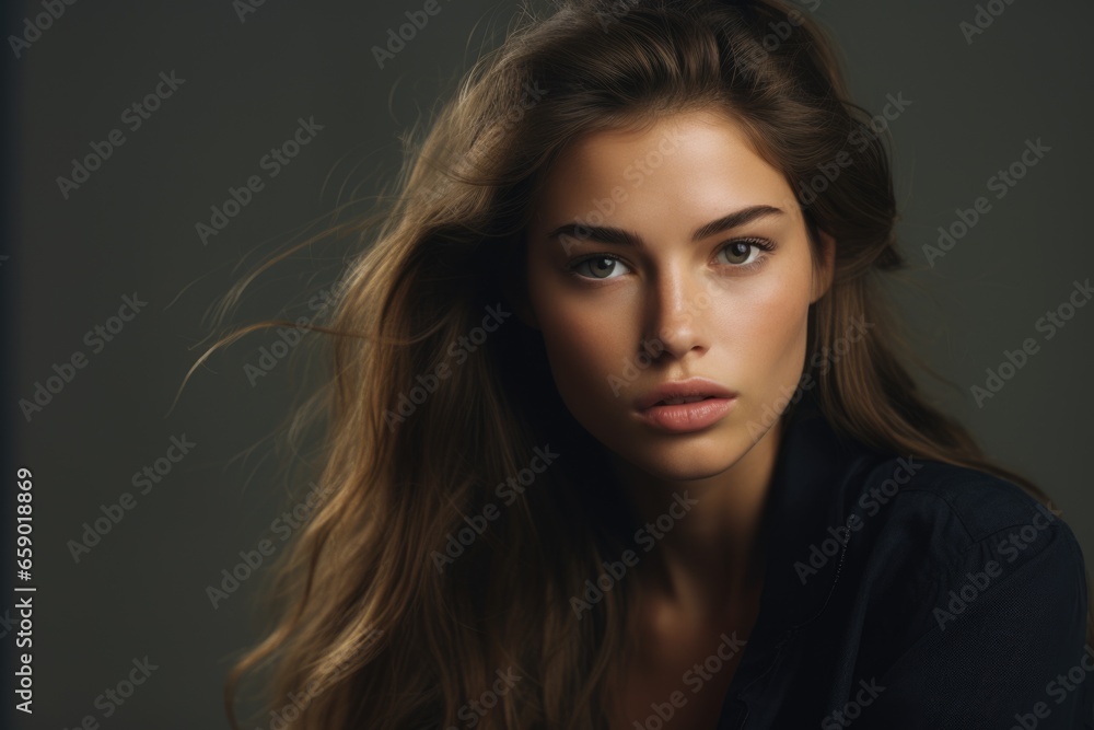 Fototapeta premium Portrait of an attractive mysterious brown-haired woman on a gray background.