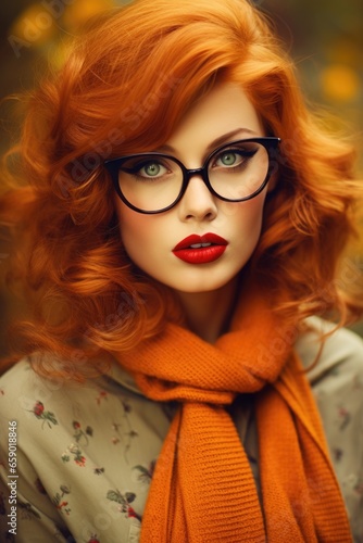 Autumn portrait of a red-haired girl wearing glasses with an orange scarf against a background of fall foliage.