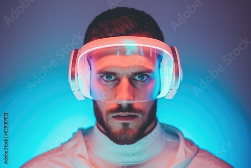 Portrait of a man with a neat beard wearing virtual reality goggles on a blue background.