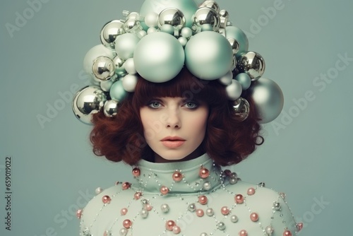 Surrealistic portrait of a shaten girl decorated with Christmas balls. Creative concept of Christmas.