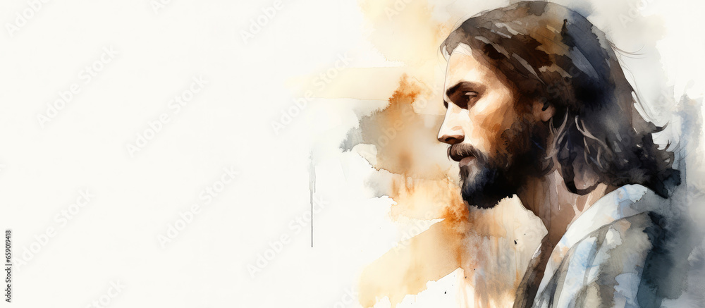 Watercolor portrait of Jesus Christ with copy space - obrazy, fototapety, plakaty 