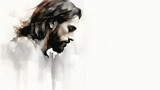 Watercolor portrait of Jesus Christ with copy space