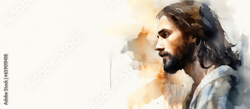 Watercolor portrait of Jesus Christ with copy space photo