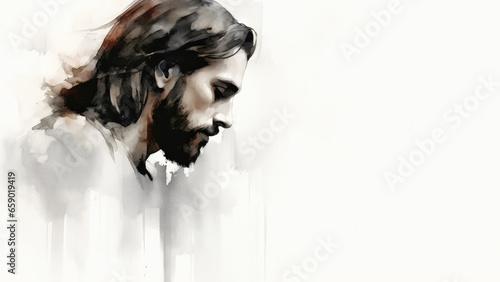Watercolor portrait of Jesus Christ with copy space photo
