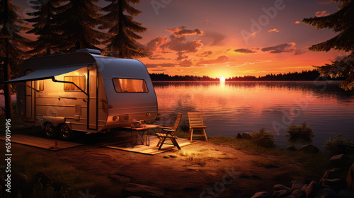 a camper by a lake at sunset