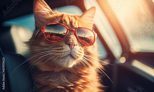 Fashionable feline in shades enjoys a leisurely moment in a sleek car. © Lidok_L