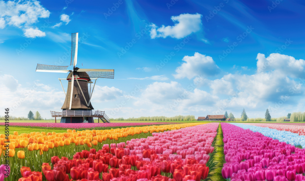 Vibrant tulip fields unfold under a vast sky, with a traditional windmill.
