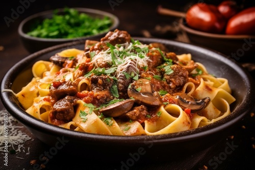 Hearty classic dish with tender beef  mushrooms  and pasta. Generative AI