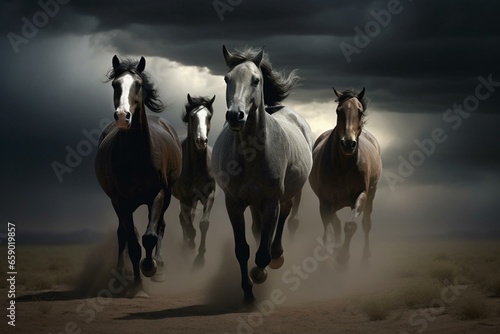 A group of horses running on desert sands under a dark sky. Four male horses grazing. Generative AI © Xander