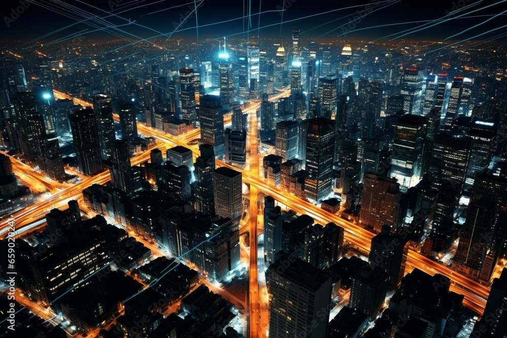 Aerial view of illuminated cityscape at night. Generative AI