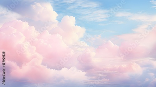 Fototapeta Naklejka Na Ścianę i Meble -  A dreamy and serene sky filled with soft, fluffy clouds in pastel pink and blue hues, evoking a peaceful, ethereal atmosphere. Perfect for nature, sky, and tranquility concepts.