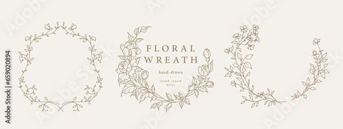 Hand drawn floral frames with flowers, branch and leaves. Wreath. Elegant logo template. Vector illustration for labels, branding business identity, wedding invitation