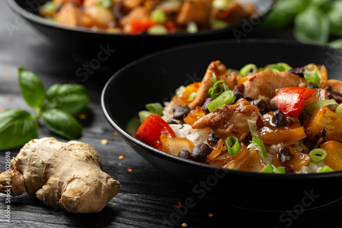 Stir fry Chicken with Black Bean, vegetables and rice
