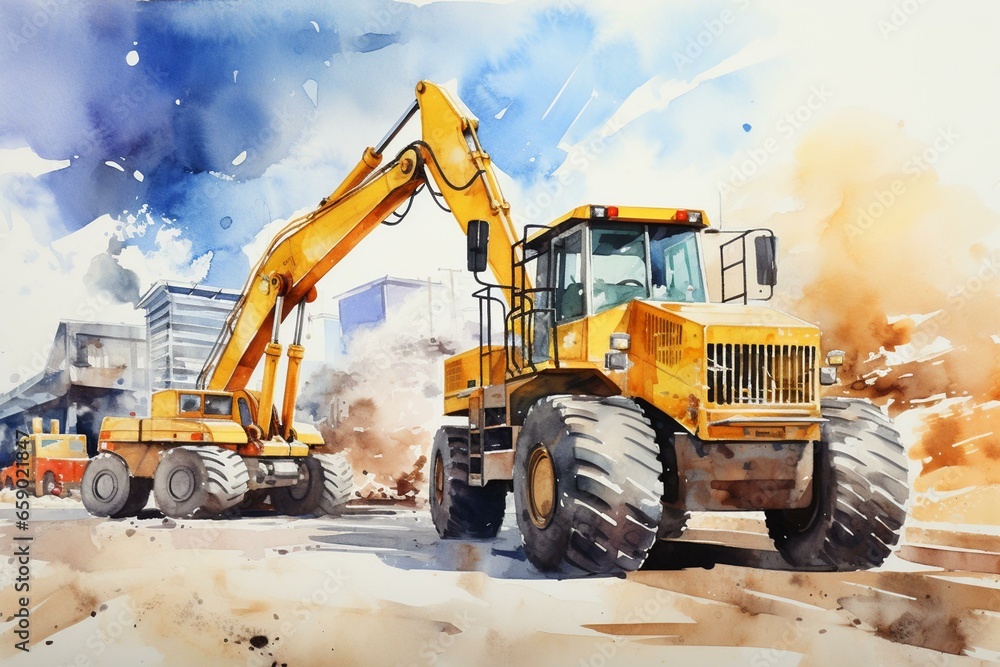 A continuous watercolor frame showcasing construction vehicles such as a dump truck, excavator, truck crane, and bulldozer. Generative AI