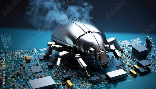 Beetle attacks and destroys electronics. Concept of computer virus and malicious software code.