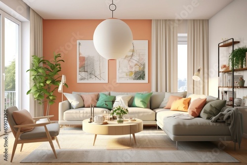 Soft-colored Scandinavian-style living room with sofa. Generative AI