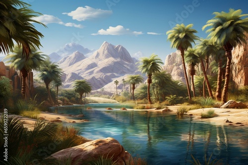 Leinwand Poster A lush paradise amidst the arid desert with verdant palm trees and a serene lake