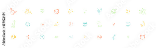 Cute line doodle pastel motion elements, stars, firework and emoticons. Chid and kids party vector illustration. Japanese manga comic style
