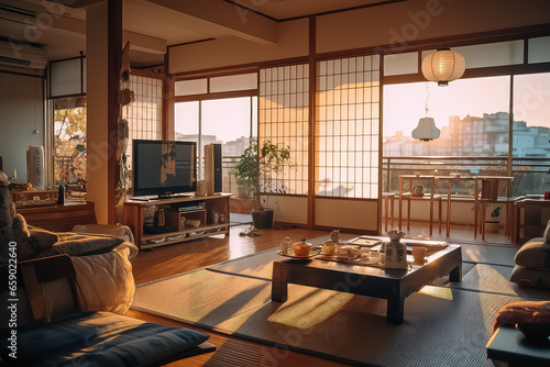 Wallpaper Mural japanese living room interior concept with designer wooden chest