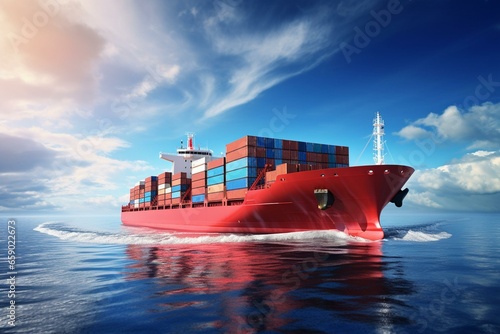 Panoramic cargo ship, containers, import-export logistics, transportation, open sea, copy space. Generative AI
