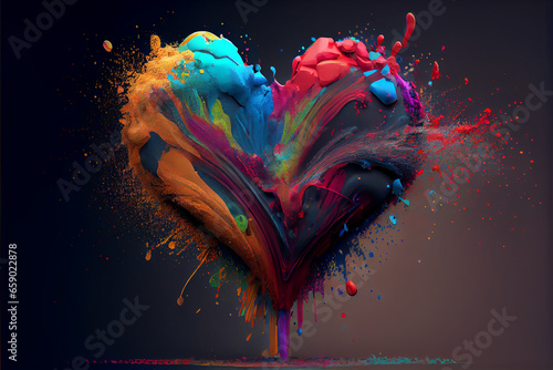 illustration of holi dust splashing heart shape on black background.