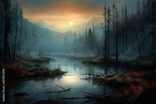 A captivating landscape with a Van Gogh touch, featuring a mysterious river covered in magical mist. Generative AI