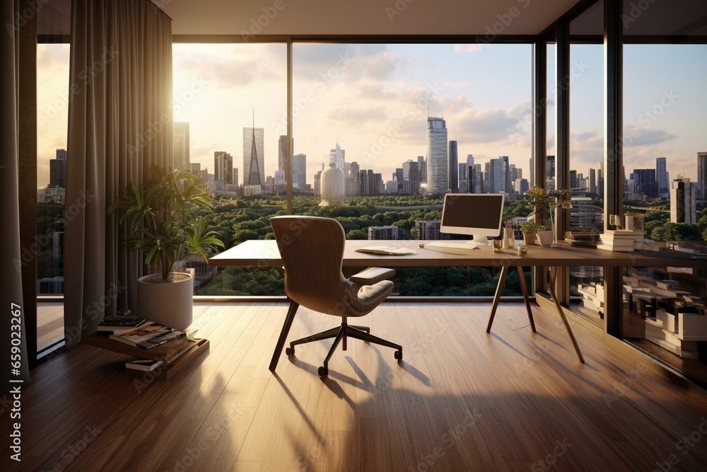 Brown desk, laptop, chairs in room with city view. Wooden floor & mirror wall. 3D visual. Generative AI