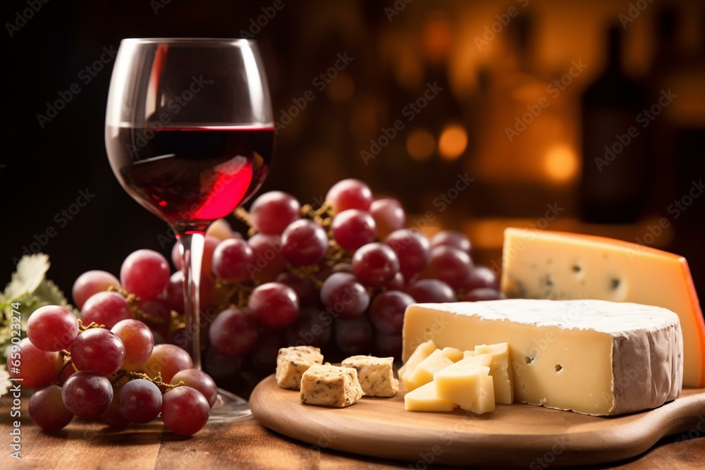Close-up of a wine and cheese table with grapes and red wine. Generative AI