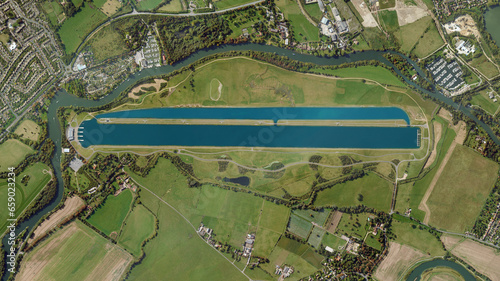 Dorney Lake, purpose built rowing lake looking down aerial view from above – Bird’s eye view Dorney, Buckinghamshire, England