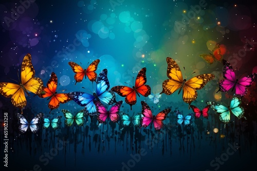 An artistic representation of vibrant butterflies in various colors. The image offers a perspective view with empty space. Generative AI