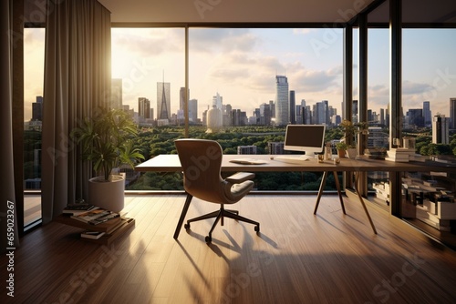 Brown desk  laptop  chairs in room with city view. Wooden floor   mirror wall. 3D visual. Generative AI