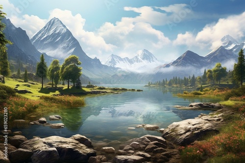 Stunning panorama of a serene lake surrounded by enchanting scenery. Generative AI