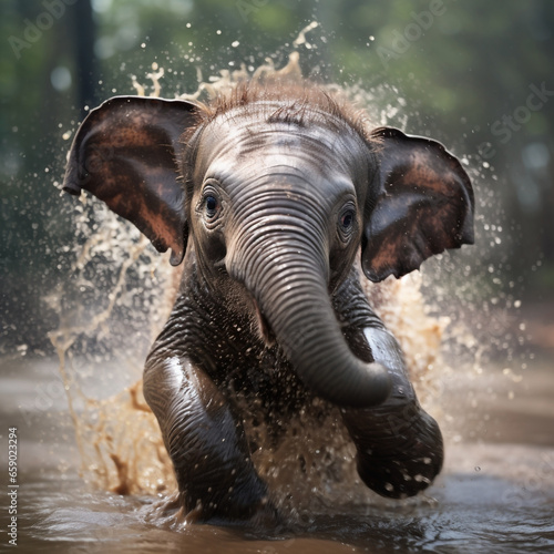 Young Calf's Aquatic Fun: Young Baby Elephant Playfully Shaking Off & Splashing Water. Generative AI.