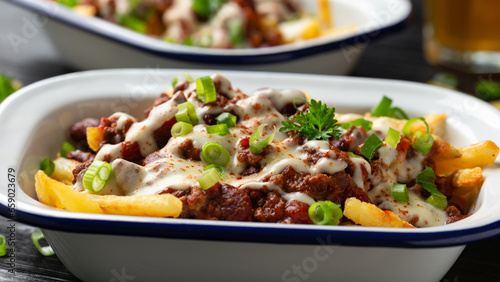 Chili Cheese Potato Fries topped with hot minced beef and cheese sauce