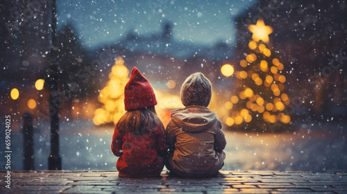Close up of a girl and boy sitting together and looking at Christmas lights