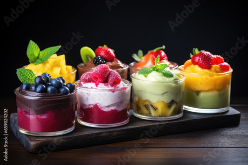 Fruit puddings with fresh fruits in glasses on a dark wooden background