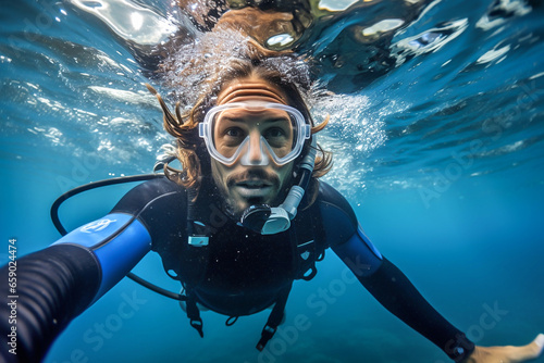 Man scuba diver looking at camera in the ocean. Diver taking a selfie underwater. Extreme sport, adrenaline, active leisure. Generative AI