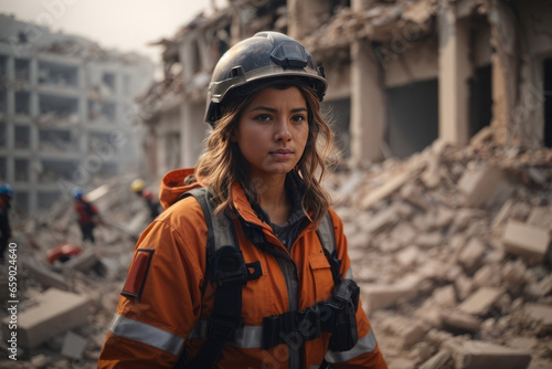 Close up portrait of a beautiful blonde female rescuer wearing a special orange uniform and helmet against the rubble after the earthquake. Emergency, natural disaster concepts