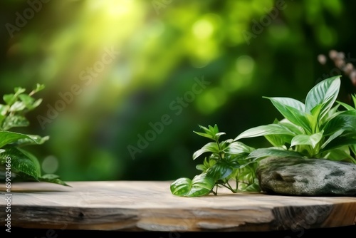 Natural stone and concrete podium in Natural green background for Empty show for packaging product presentation. Background for cosmetic products  the scene with green leaves. generative ai.