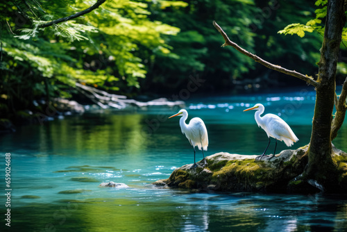 Tranquil river herons wading through white water a serene scene 