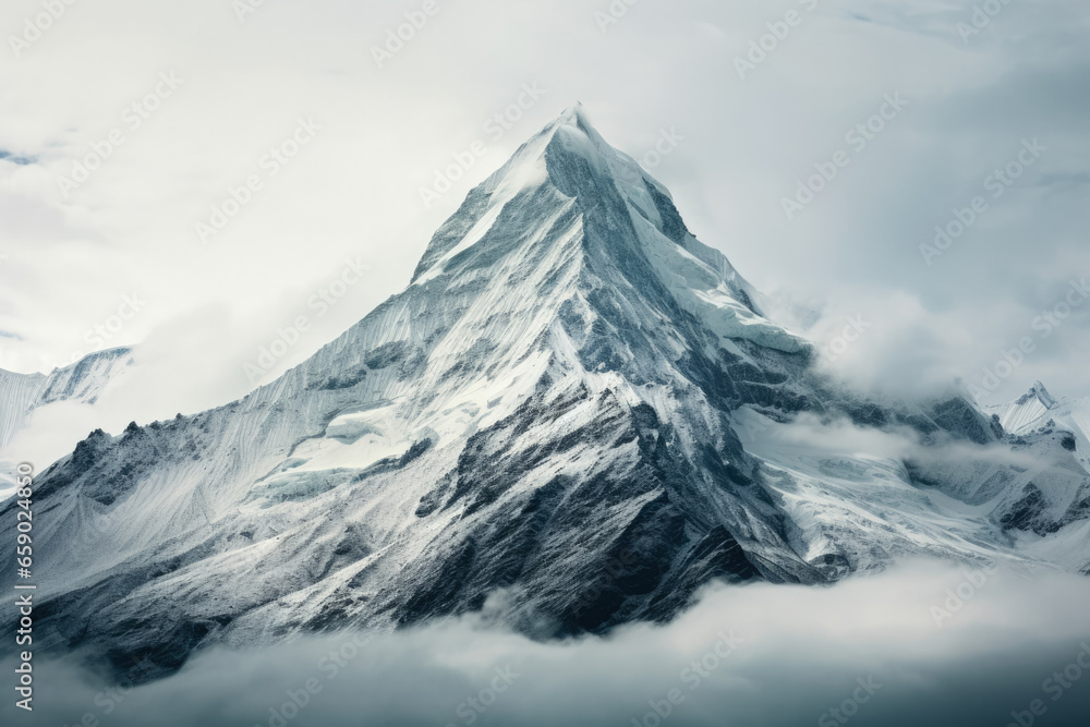 Snow-capped mountain stands alone against a white background 