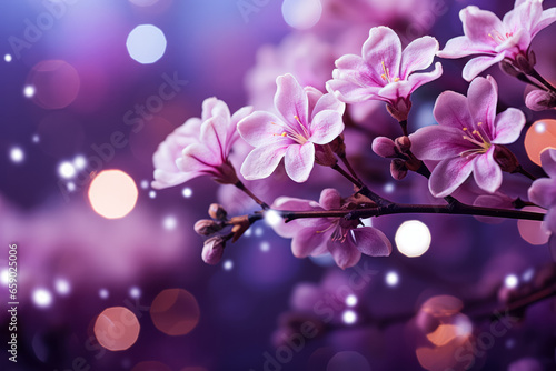 Lilac flowers blooming amidst a purple backdrop with sparkling bokeh lights 