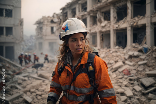 A beautiful female rescuer in an orange uniform looks away against the background of destroyed houses and buildings after an earthquake, war, cataclysms