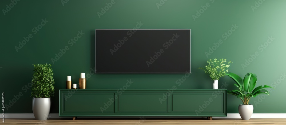 Minimalist Muji style living room with dark green wall featuring a TV on a cabinet Minimalist Muji style living room with dark green wall featuring a TV on a cabinet