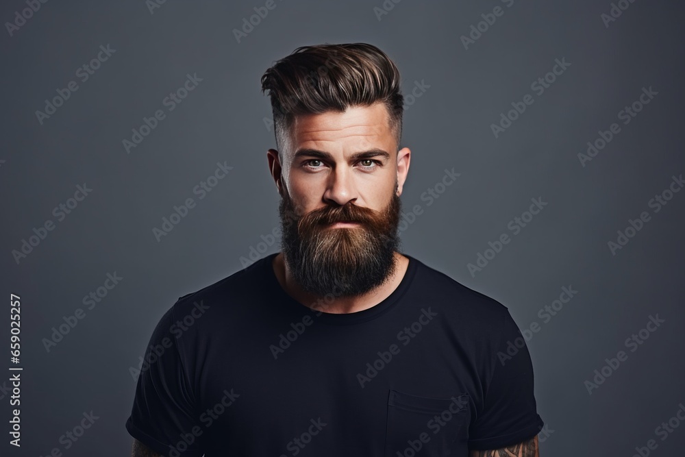 Handsome man with an undercut hairstyle and beard studio portrait, simple dark background. AI generated - obrazy, fototapety, plakaty 