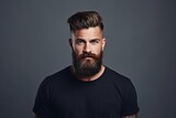 Handsome man with an undercut hairstyle and beard studio portrait, simple dark background. AI generated