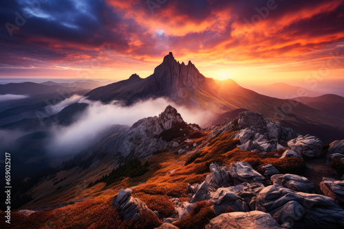 Serene sunrise over rugged mountain peak sky adorned with colorful symphony  © AI Petr Images